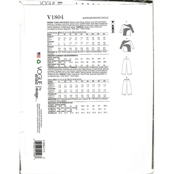 Vogue V1804 Misses 16 to 24 Tom and Linda Platt Top and Pants Sewing Pattern - Picture 2 of 2